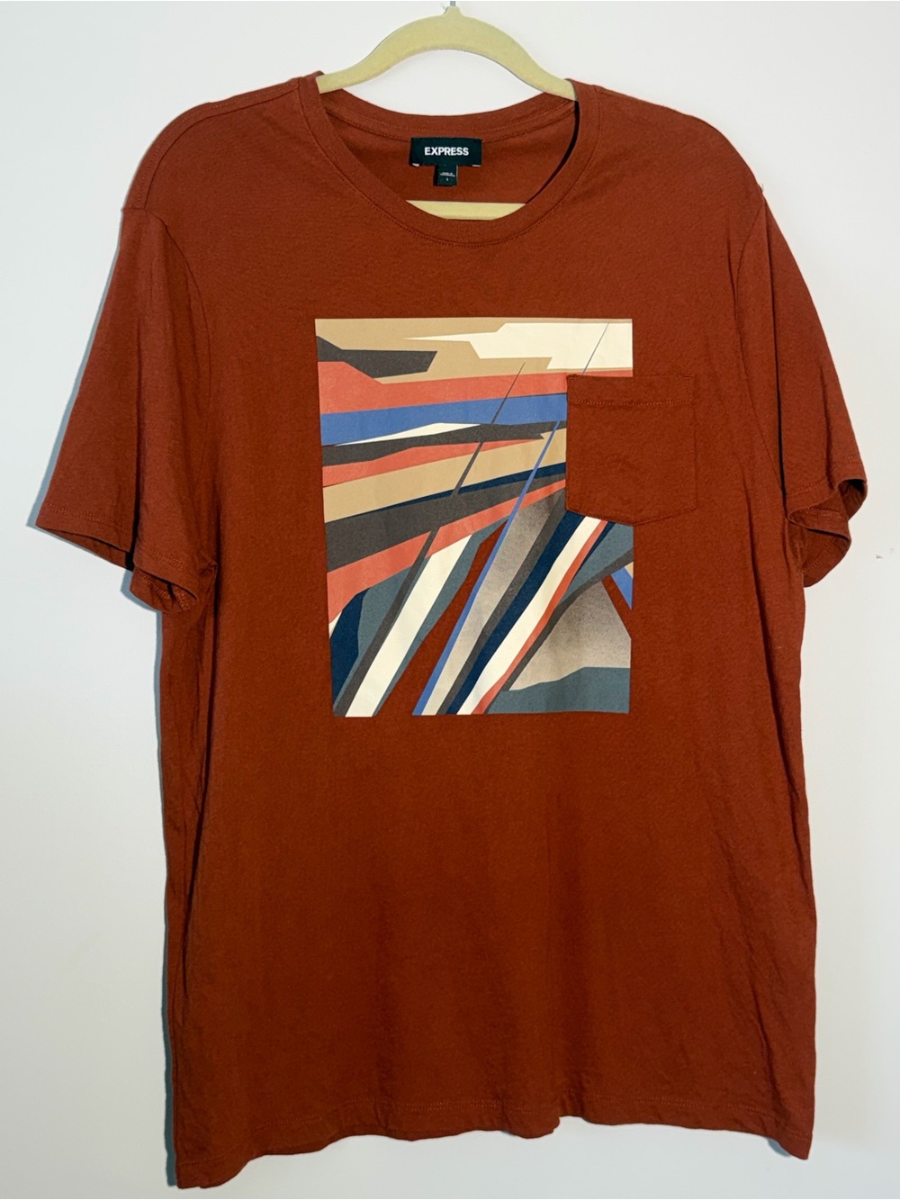Express Men’s Rust Graphic Pocket Tee with Multicolor Print